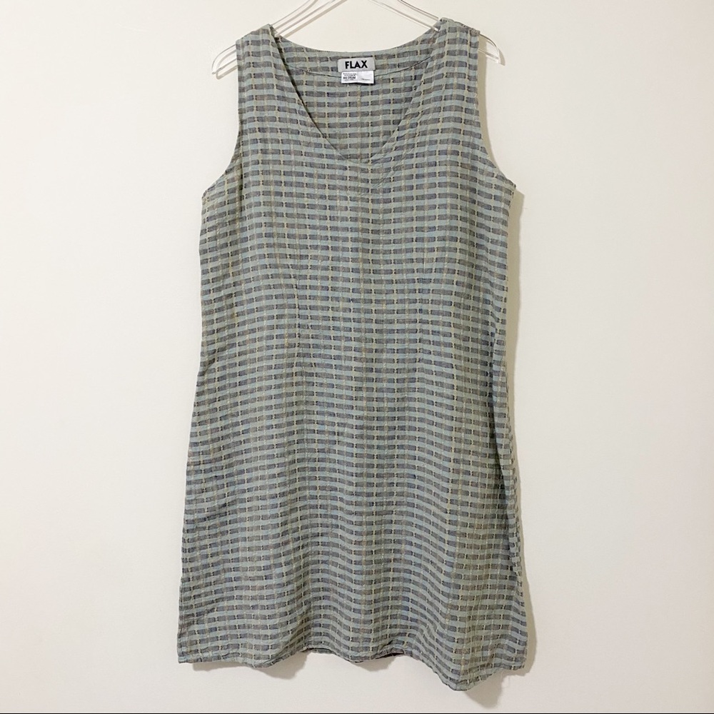 FLAX Linen Sleeveless V Neck Shift Dress Textured Plaid Blue Tan Size Medium